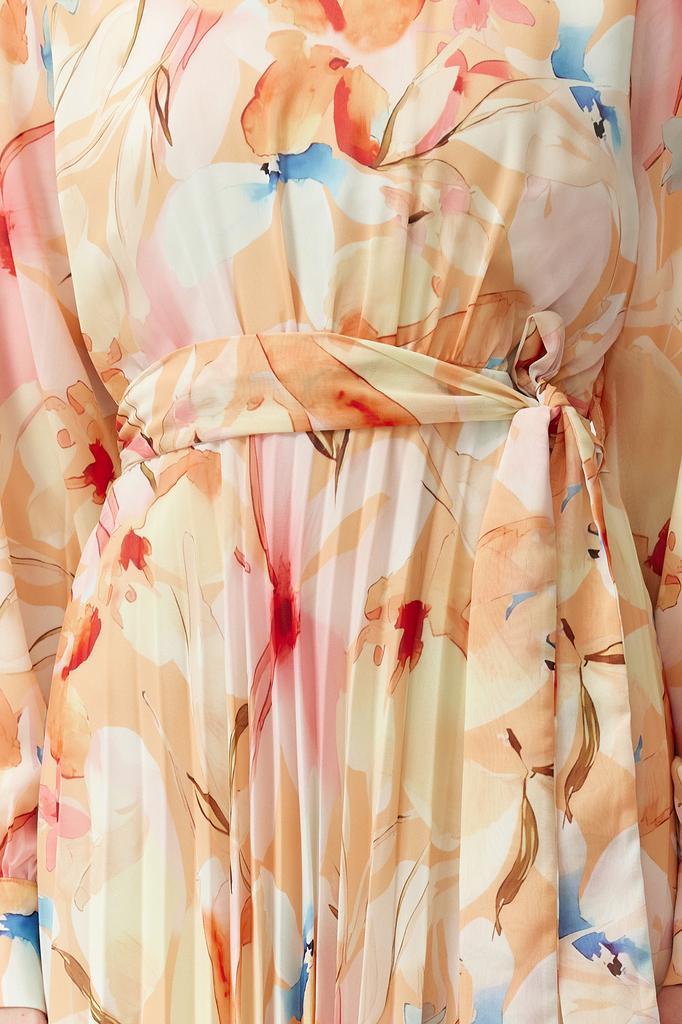 Women's Hijab Dress New Season Fashion Multi-Colored Floral Belt Detailed Lined Pleated Chiffon Woven Dress