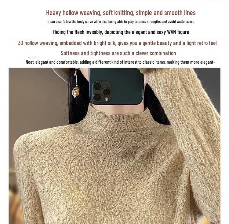 2025 Spring Worsted Wool Knit Sweater: Half-High Neck, Long Sleeve, Floral Hollow Design Pullover