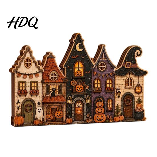 Halloween Wooden House Decorations Retro Haunted Village Tabletop Decor Fall Farmhouse Witch Distressed Wood Crafts Ornament Ghost Town Centerpiece