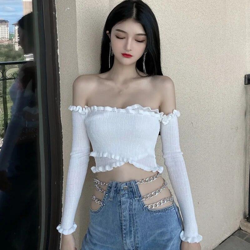 

Женская трикотажная футболка с длинным рукавом и открытым пупком, с оборками и вырезом на шее, топы One Size