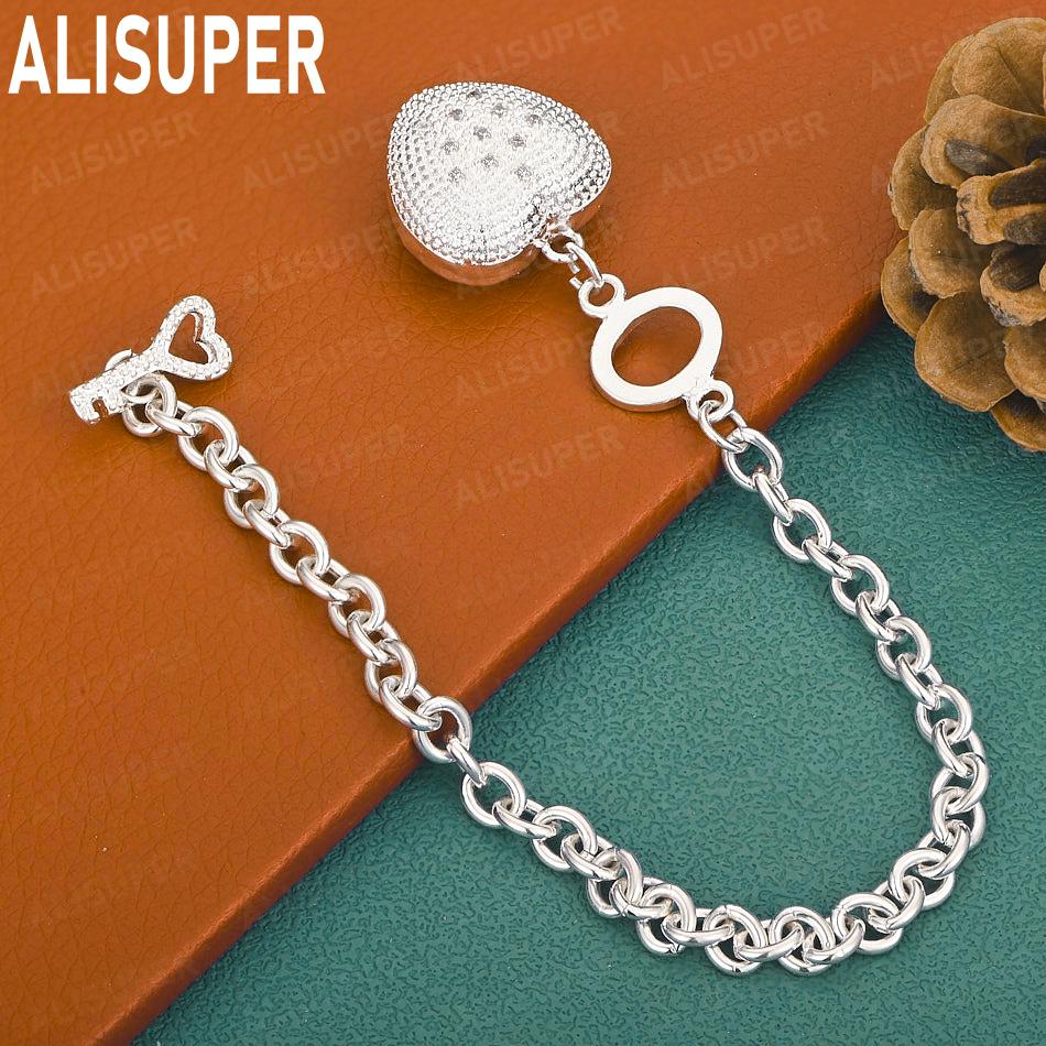 925 Sterling Silver Heart-Shaped Side Chain Romantic Bracelet Gift Jewelry 20CM