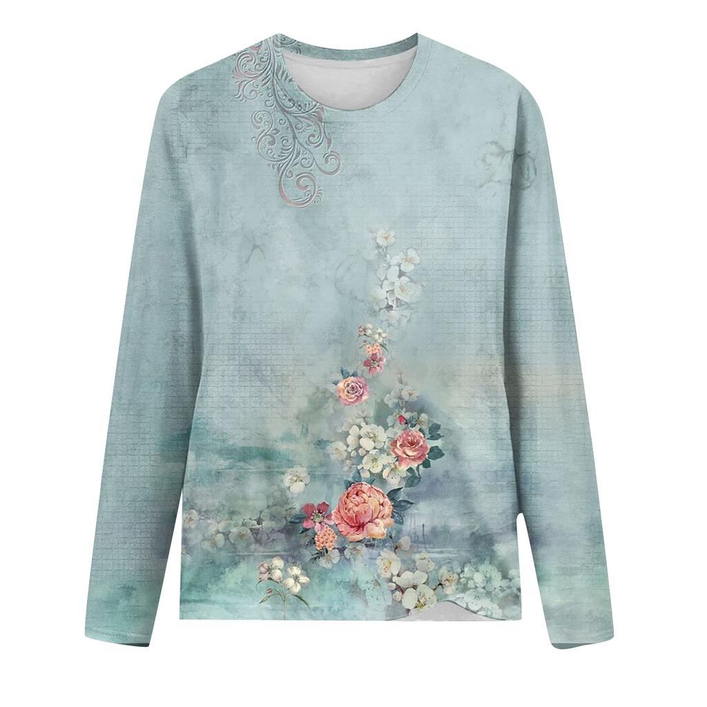 Women's Fashion Casual Long Sleeve Print Round Neck Pullover Top Blouse