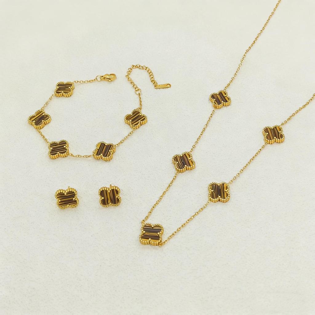 Set de Joyería de Acero de Titanio Madreperla Doble Cara Trébol de Cuatro Hojas con Pulsera, Collar y Pendientes