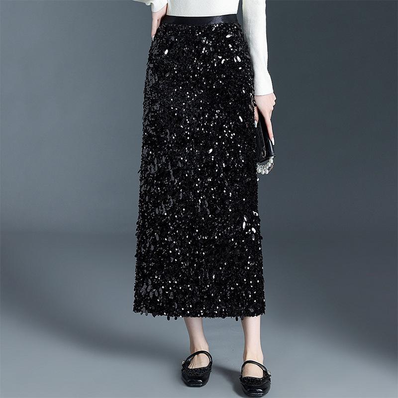 Winter Women's High-Waisted Velvet Sequin Bodycon Skirt - Stylish, Slimming, and Hip-Covering Design