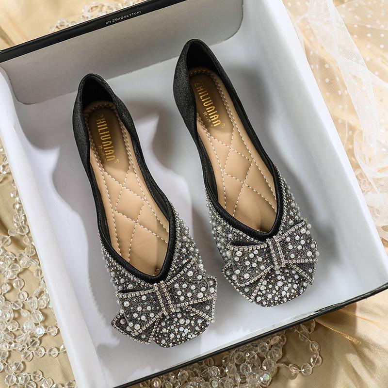Square head flat sole shoes women's spring and autumn rhinestone bow soft sole beanie shoes large size women's shoes wedding shoes bridesmaid bride