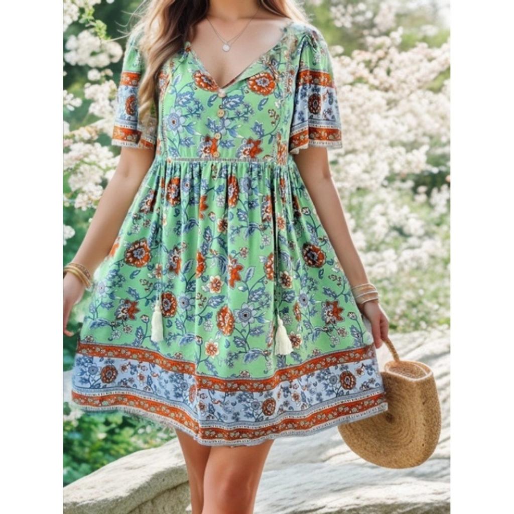 Women‘s V Neck Short Sleeve A-Line Mini Dress Print Loose Casual Summer Gown