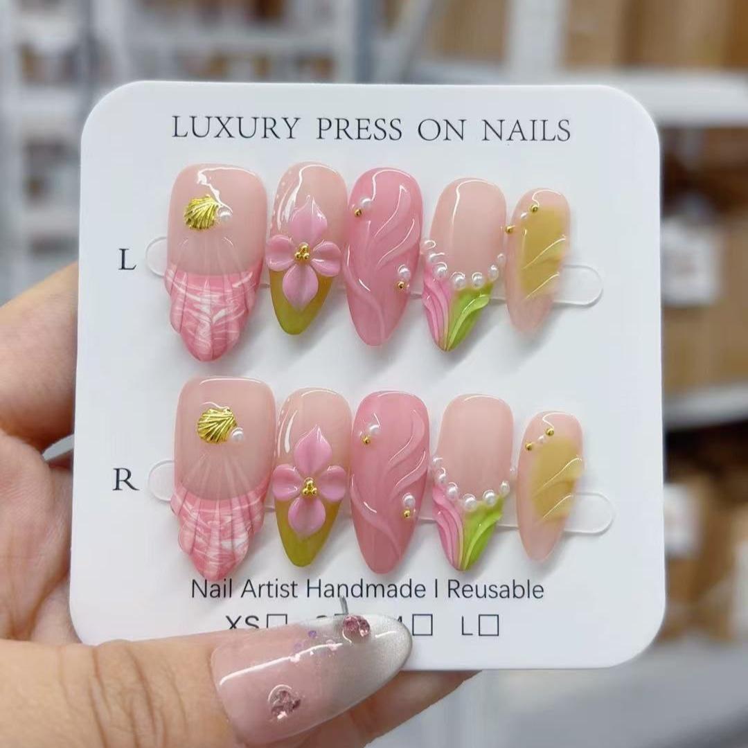 

Dopamine Sweet Cool Carved Almond Nail Hand Wearable Armor Removable Presson Nails XS