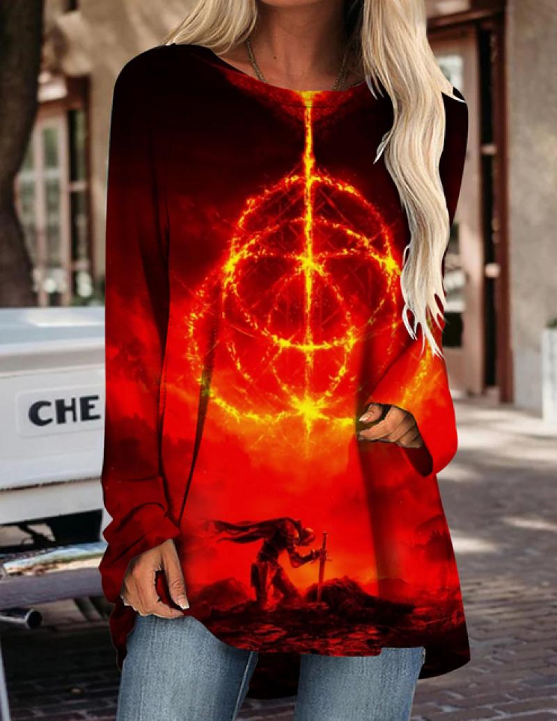 

2023 Хэллоуин Футболка с принтом женская повседневная тонкая футболка с круглым вырезом и длинными рукавами Хэллоуин с рисунком Высококачественный повседневный топ 8XL