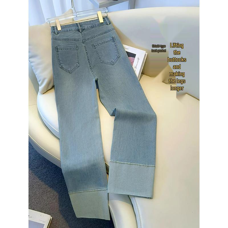 Women's Retro High Waist Patchwork Jeans - Slimming Straight Leg Cigarette Pants, Spring/Autumn 2025 Collection.