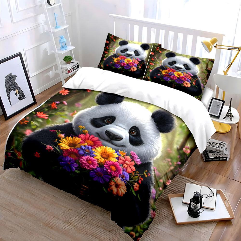 Cute Panda Holding Flowers Cartoon Duvet Cover Set With 3D Printing Design Soft Polyester Bedding Set All-Season Comfort
