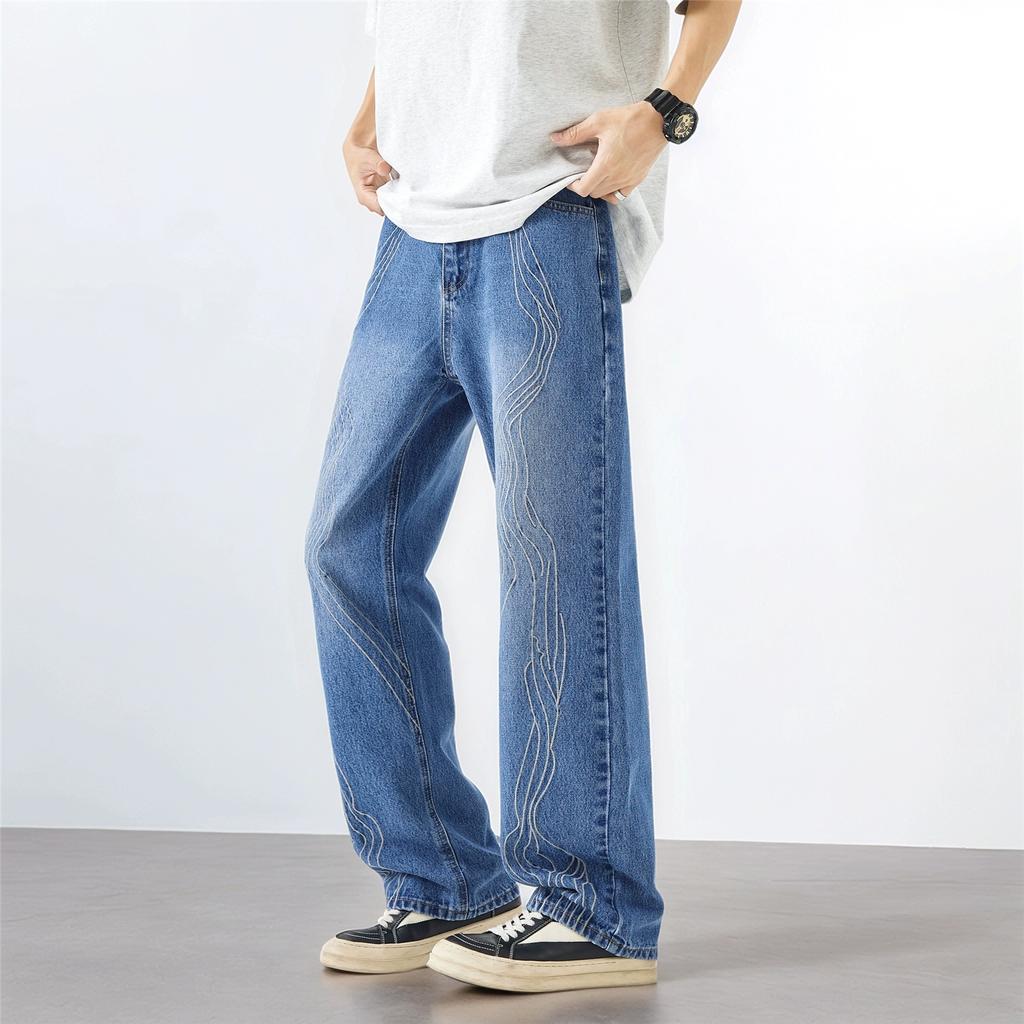 Men's Heavy Embroidered Jeans Washed Distressed Straight Loose Wide-leg Pants