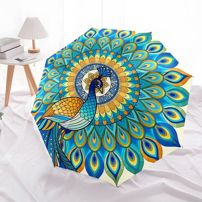 1pc Automatic Folding Umbrella with Peacock Mandala Design - Portable 3-Fold Design, 8-Bone Iron Frame Outdoor Umbrella, Perfect Festival Gift for Fan