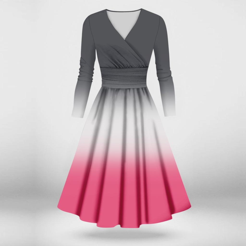 Dámské ležérní a módní sexy šaty s dlouhým rukávem a výstřihem do V s přechodem