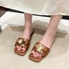 Large Size Metal Sheet Decorative Flat-Bottomed Slippers Women'S Square Head Open-Toed Versatile One-Word Niche Slippers