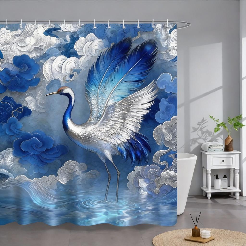 Dragon & Phoenix Print Waterproof Shower Curtain for Bathroom, Traditional Oriental Design High-End Toilet Partition Curtain