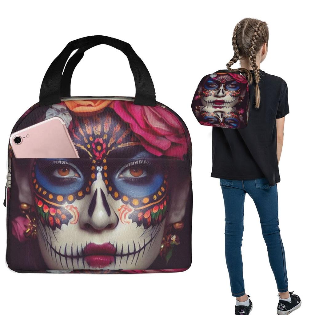 Mexican Catrina Girl Day Of The Dead Sugar Skull Insulated Lunch Bag for Women Children Food Boxes Thermal Lunch Box Tote