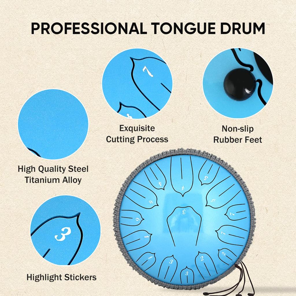 Musfunny Steel Tongue Drum 15 Notes 12 Inches Blue Musical Instrument Percussion with Sheet Music Mallet and Storage Bag for Music Education Yoga