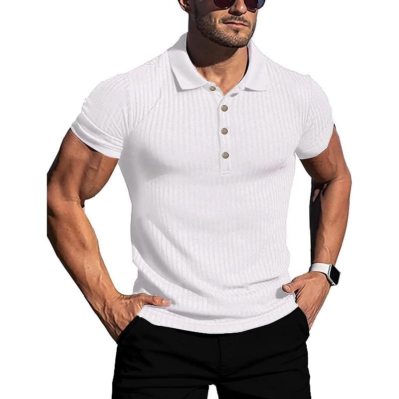 Mens Solid Color Ribbed Short Sleeve Slim Fit Polo Shirt S белый