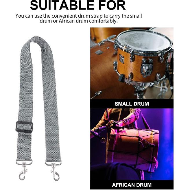 Vaguelly Parade Marching Snare Drum Sling Snare Drum Strap Adjustable Snare Drum Shoulder Sling Belt Metal Clip for Drum Grey