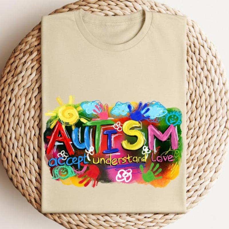 

Autism Hand Paint Accept Understand Love Tee Autism Awareness Month Shirt for Autism Awareness Outdoors High Quality Cotton Tee 4XL