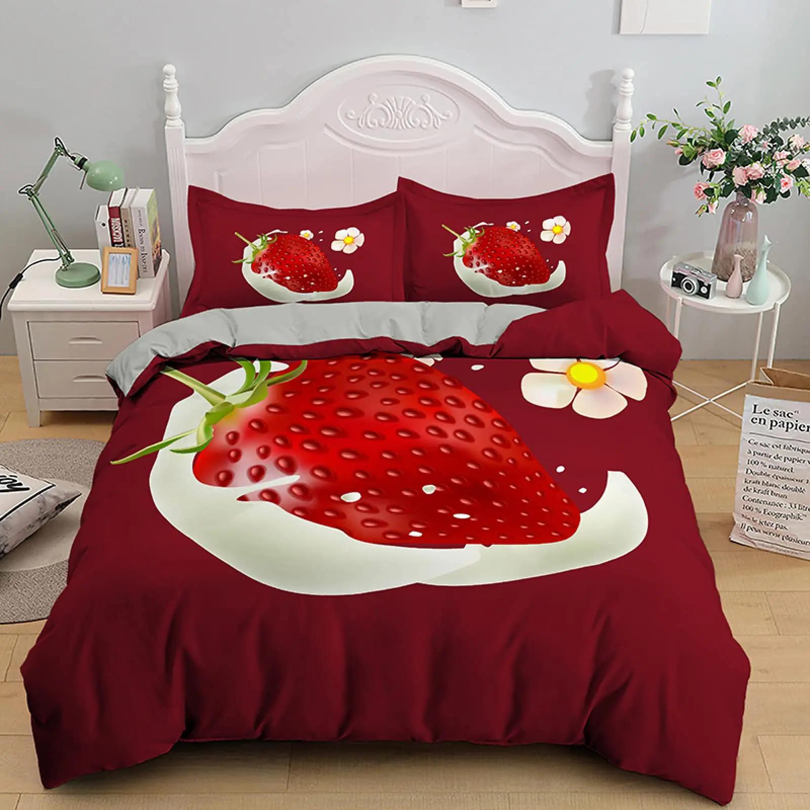 

Постельное белье с клубникой для девочек, пододеяльник с сладкой клубникой для детей, розовый, милый мультфильм, фруктовая еда, девичий белый цветочный декор для комнаты 70x133cm 2pcs