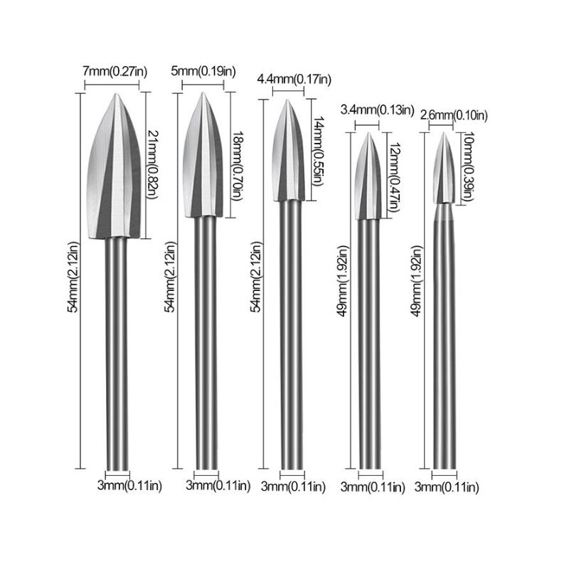 5Pcs Wood Carving Engraving Drill Accessories Drill Bits Wooden Crafts Grinding Woodworking Tools with 1/8 Shank Rotating Tools