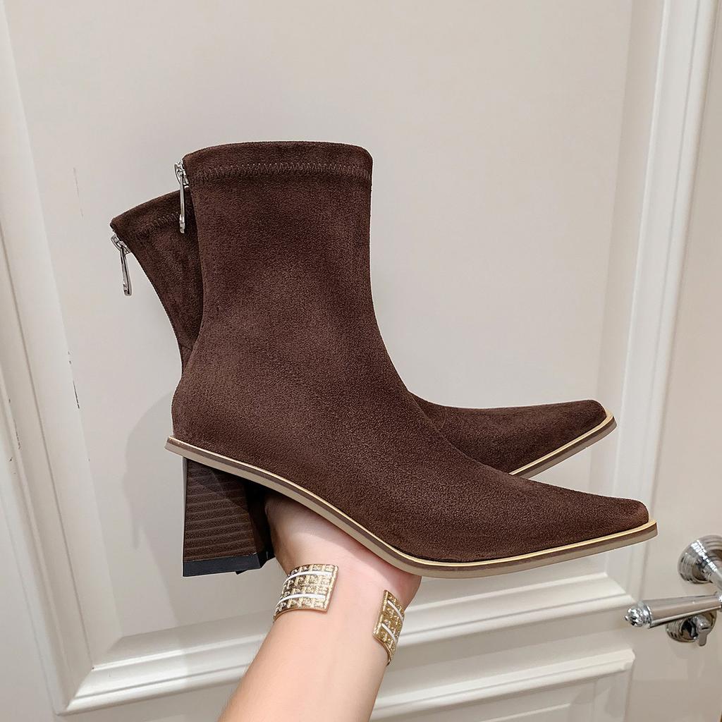 6CM Niche Fashion Simple Elastic Thin Boots 2025 Autumn and Winter New Square Head Thick Heel Rear Zipper High Heel Short Boots