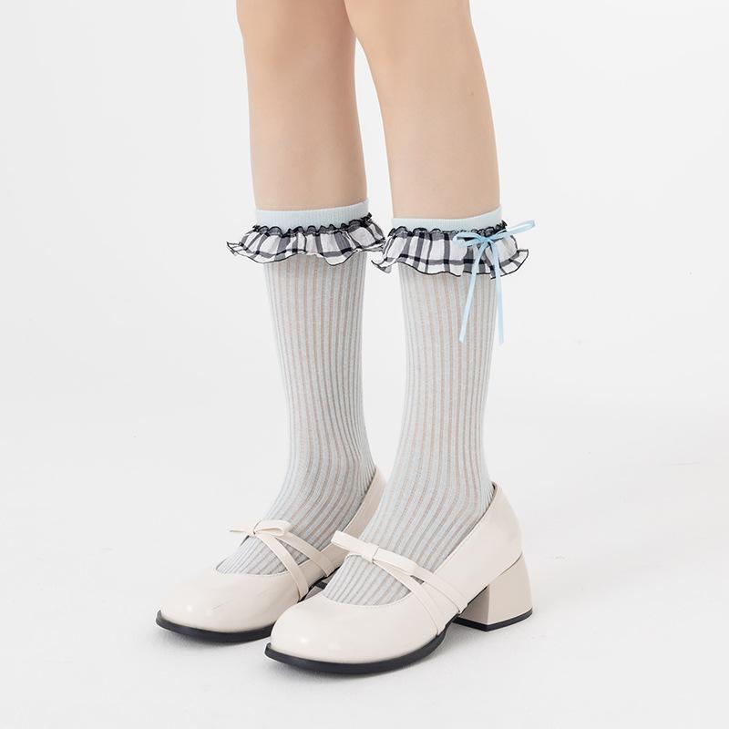 Female Spring Summer New Product Thin Model Check Bow Lace Boneless Cotton Socks