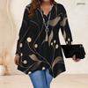 Women Plus Size V Neck Long Sleeve Irregular Split Hem Tunic Top Black Golden Swirl Print