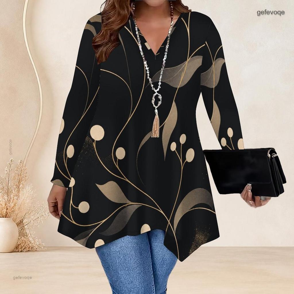 Women Plus Size V Neck Long Sleeve Irregular Split Hem Tunic Top Black Golden Swirl Print