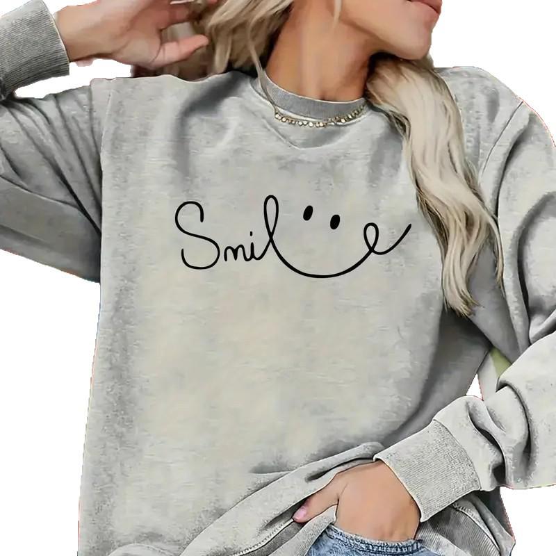 Women's Geometric Smiley Face Crew Neck Pullover Sweatshirt, Sizes S-3XL