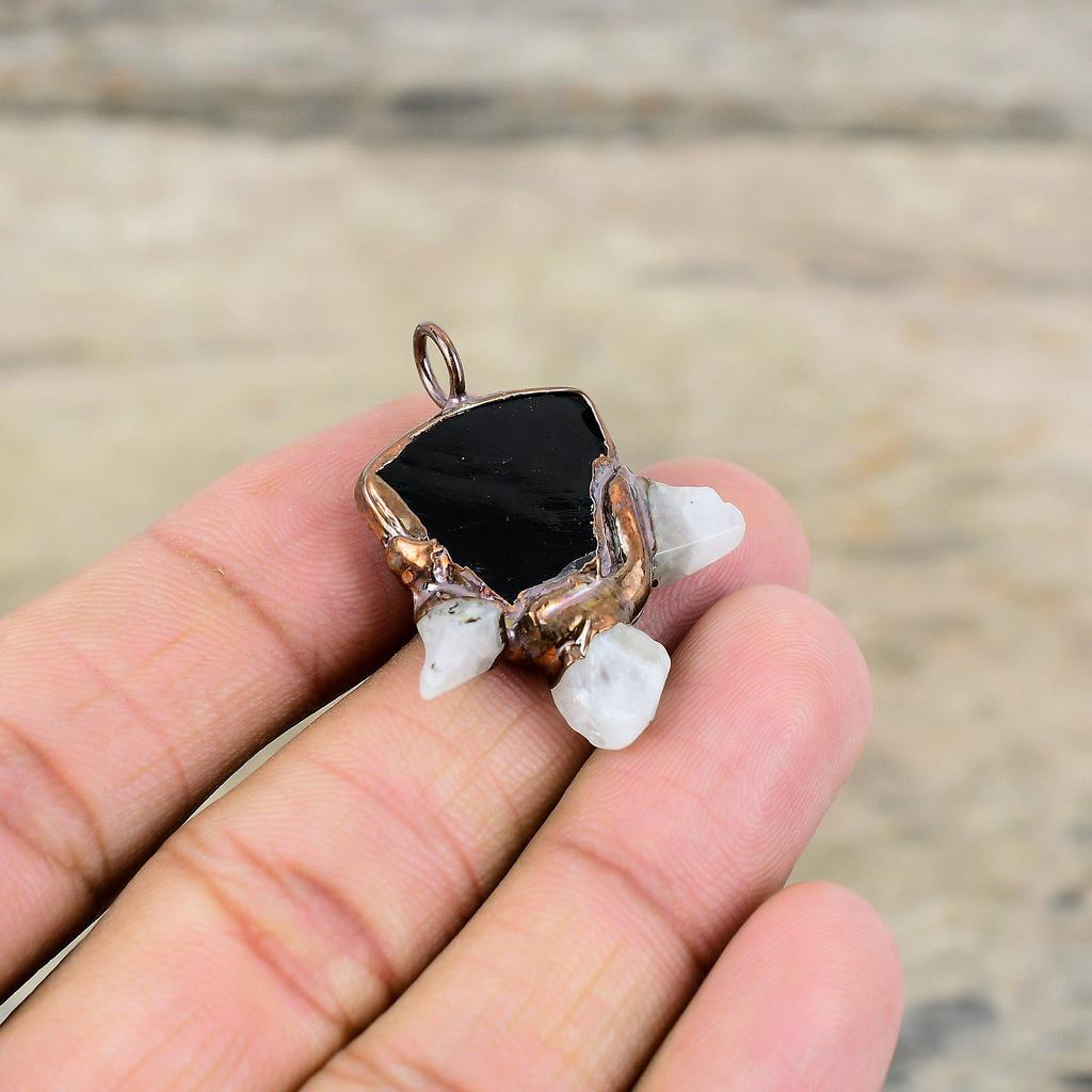 Carved Black Onyx With Rainbow Moonstone Rough Pendant Electroformed Copper Pendant Gemstone Electroformed Jewelry Handmade Pendant For Gift