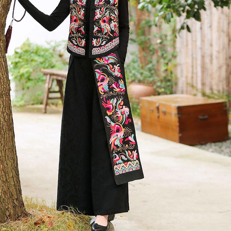 

Этнические вышитые брюки-фонари с высокой талией и широкими штанинами для женщин One Size чёрный