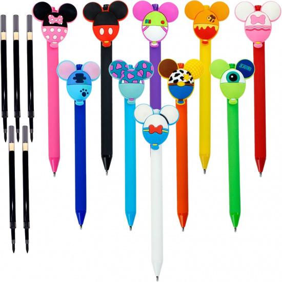 10pcs Mouse Head Character Ears Pens Set, Retr ctable Ballpoint Pen, Multi Color Jumbo Autograph Princess Pencil Signature Office Desk Stationary