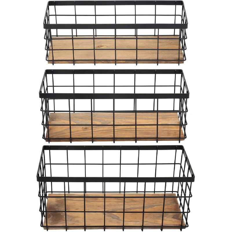 TIEYIPIN Farmhouse Decor Metal Wire Storage Baskets, Wood Base Containers Organizing Basket Caddy Bin for Kitchen Cabinets, Bathroom, Pantry, Garage,