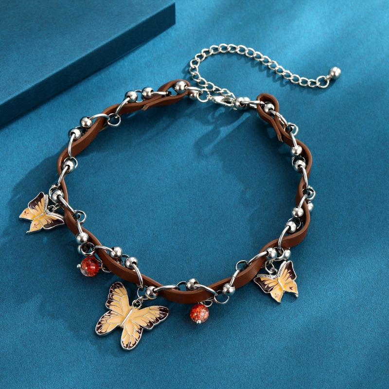 Black Aunt Jewelry Choker Versatile Trendy American Hottie Brown Butterfly Ring Leather Necklace Female