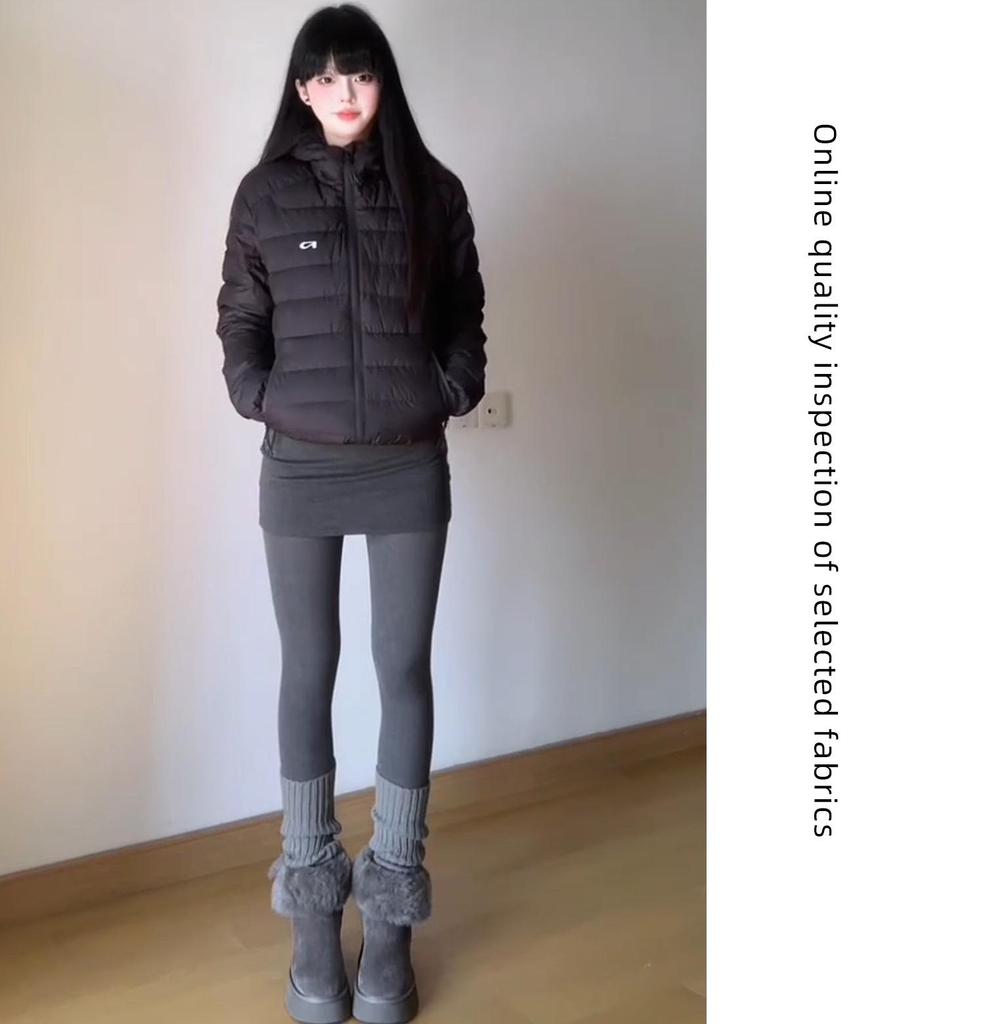 Women's Dark Gray Lambswool High-Waist Leggings, Autumn/Winter, Velvet-Lined, Thick, Warm, Slim-Fit, Skinny Pants