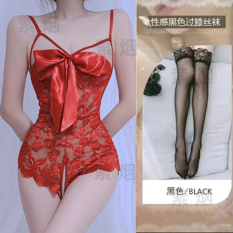 Sex underwear lace temptation transparent hollow sexy onesie bow qqny open uniform set
