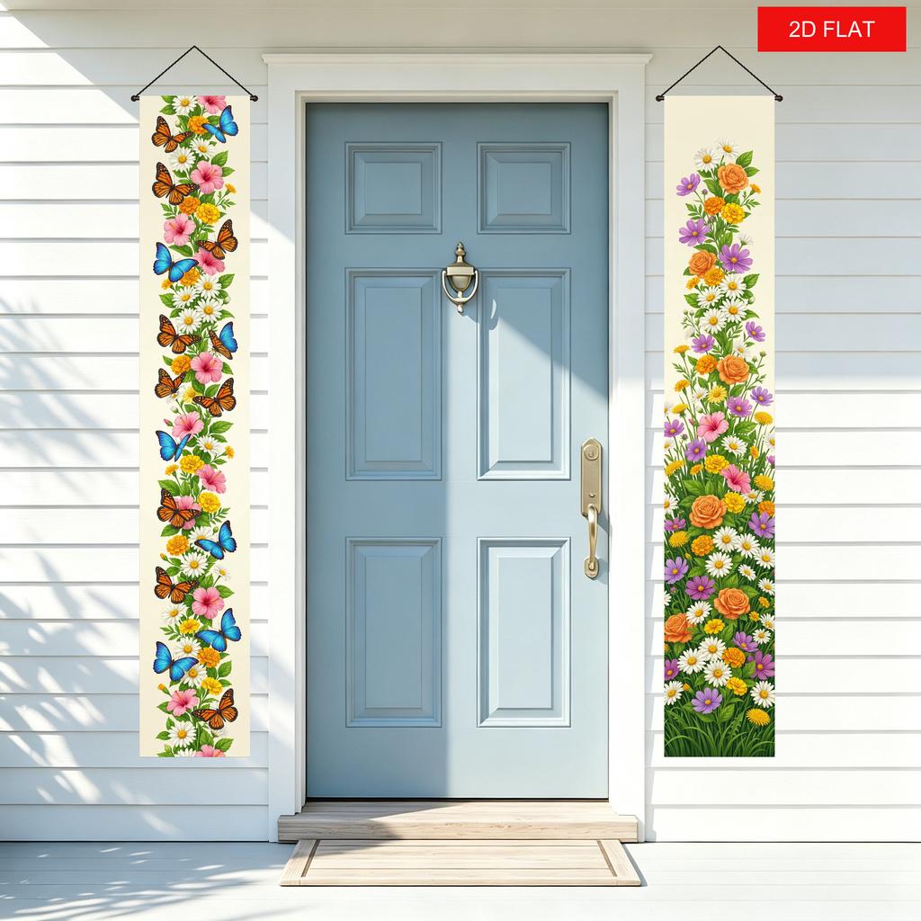 2D Flat, 2D Flat Banner, 2pcs, Spring/Summer Floral Butterfly Front Door Hanging Flag, Blooming Daisies, Roses, Hibiscus, Grass, Vines, Natural Garden