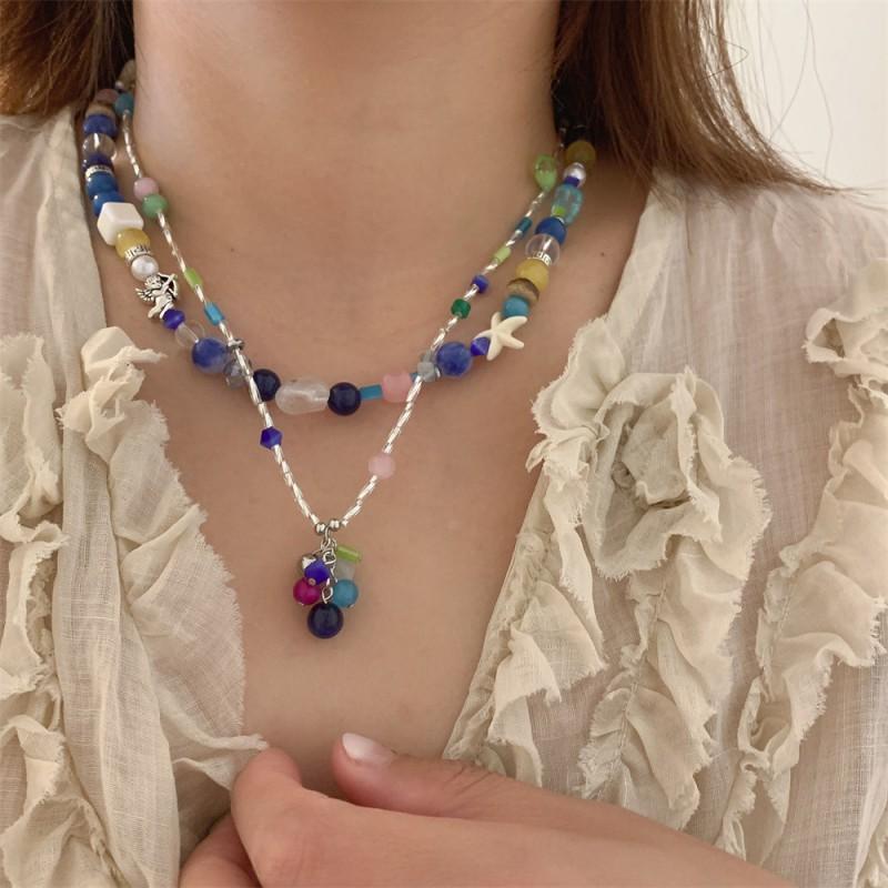 Handmade Korean Style Colorblock Cat Eye Bead Necklace Women Layered Sweet Minimalist Choker Chain