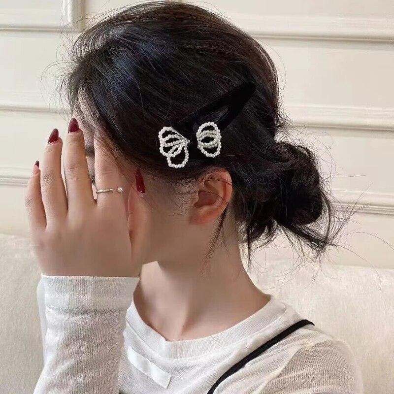 Retro Velvet Hair Clips For Women Vintage Imitation Pearl Bow Hairpins Side Clip Girls Black Barrettes Hair Accessories Headwear