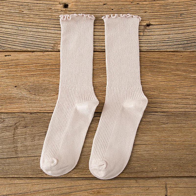 Women Solid Color Frily Ruffle Socks Harajuku Retro Streetwear Breathable Cotton Socks Girl Japanese Kawaii CuteBlack White Sox