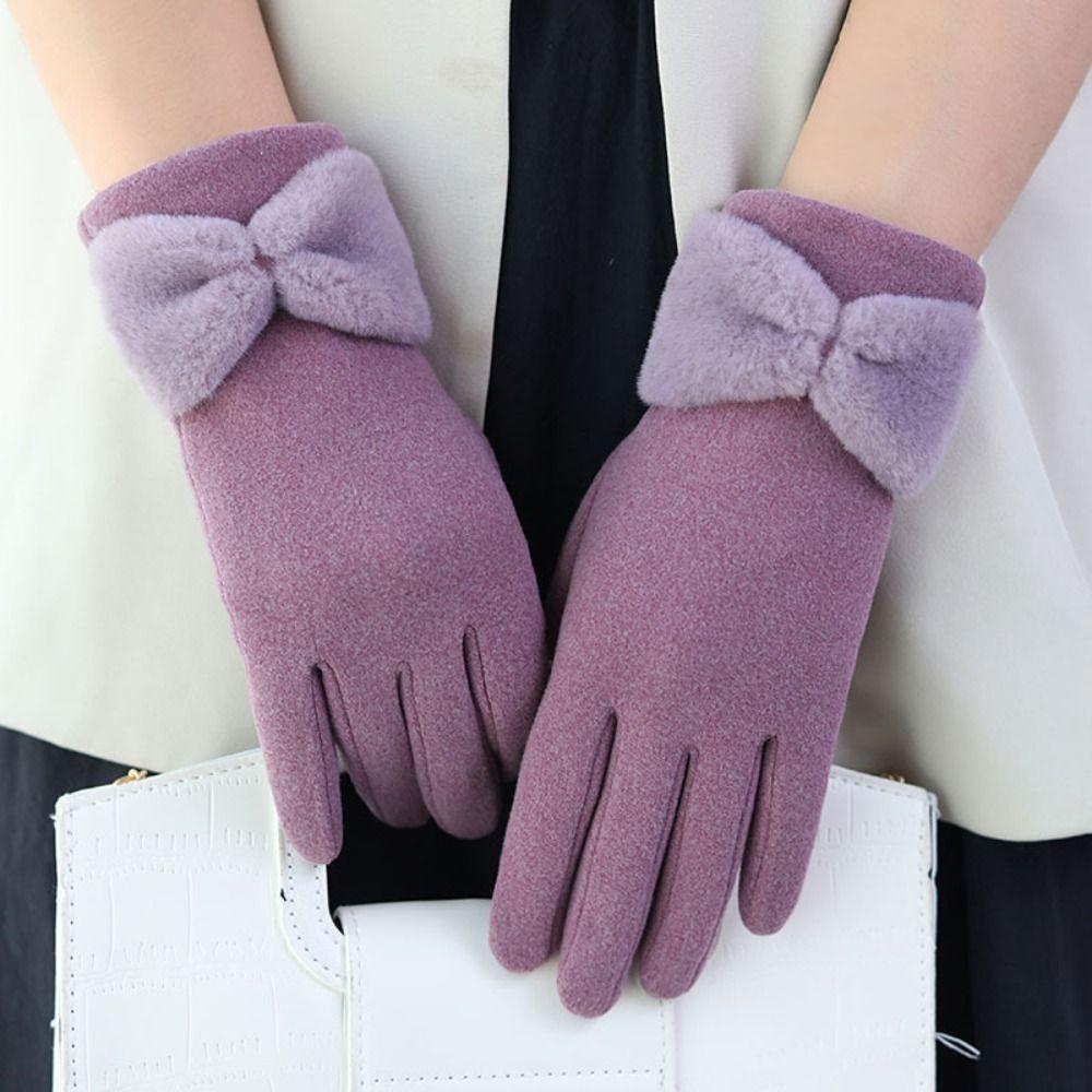 Keep Warm Bowknot Mittens Solid Color  Gloves Simple Winter Velvet Gloves  Winter