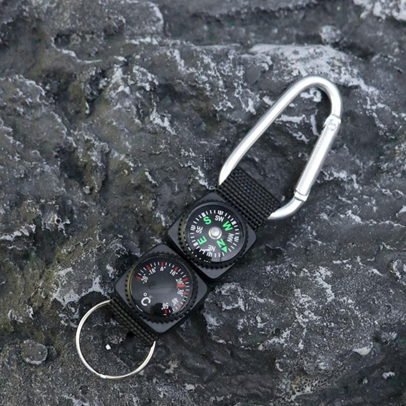 1pc Survival Multifunction Outdoor Hiking Compass Thermometer Carabiner W Keychain Mini Carabiner Hanger DIY Key Ring