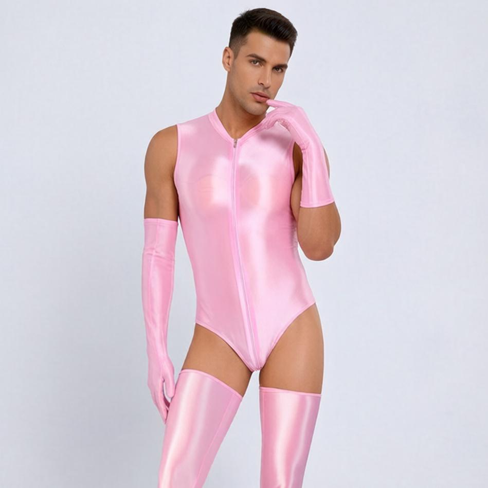 Women Stain Smooth Bodysuit One Pieces Thong Two Way Zipper Open Crotch Elastic Tights Oil Shiny Yoga Shaping Maid Leotard