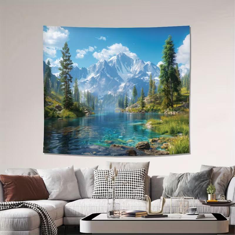 2D Party Backdrop Nature Landscape Tapestry, Serene Mountain Lake and Forest Scene