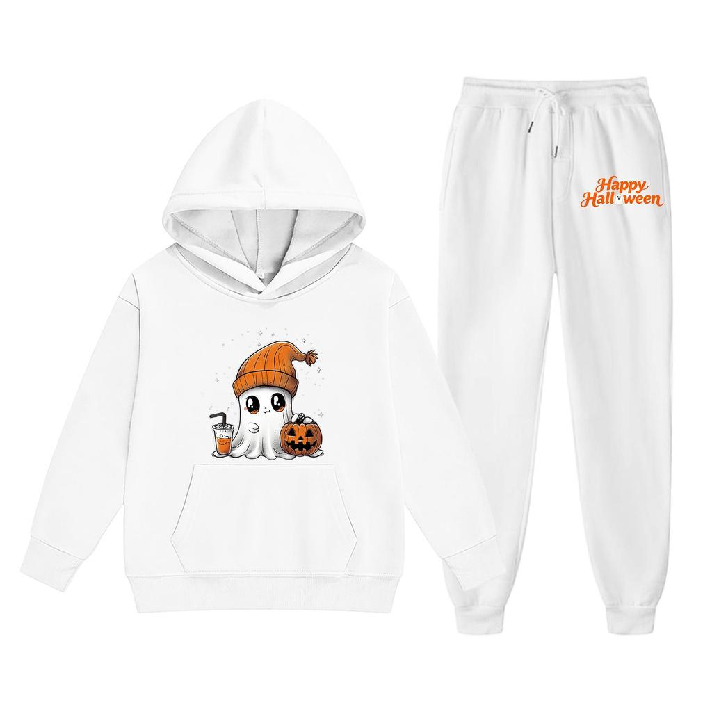 Kids Halloween Hoodie Set Long Sleeve Pullover Top and Pants with Ghost Pumpkin Print Comfortable Fit for Boys and Girls