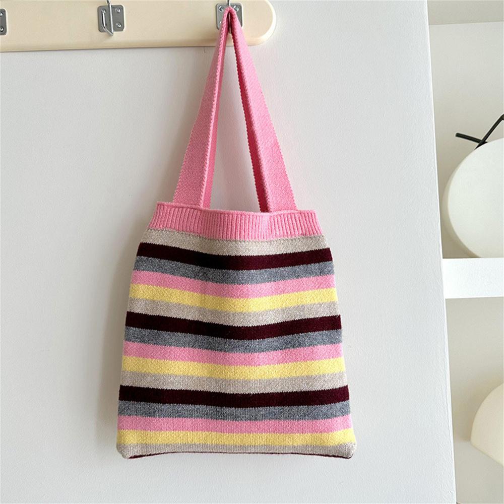 

Осінь-зима В’язана сумка в смужку Сумки через плече Collision Вовняні сумки великої місткості Жіноча сумка для покупок Жіноча сумочка рожевий