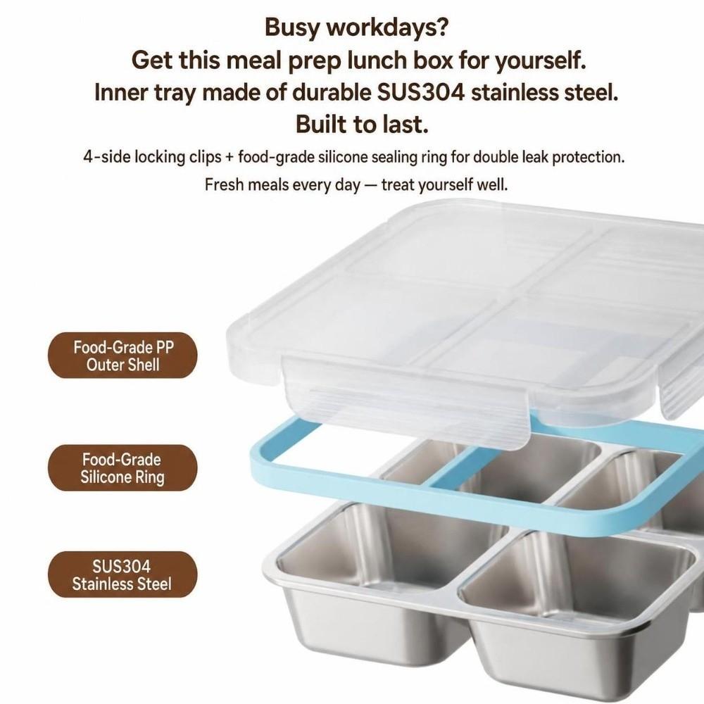 4 Grid Square Sealed Snack Box 304 Stainless Steel Thermal Lunch Box  School Office