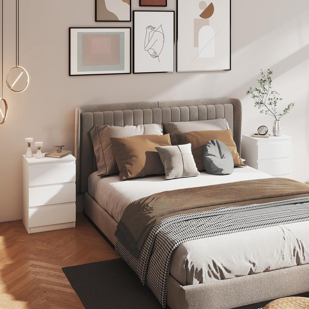 Set di 2 comodini, 3 cassetti, Design senza maniglie, Aspetto legno, Bianco
